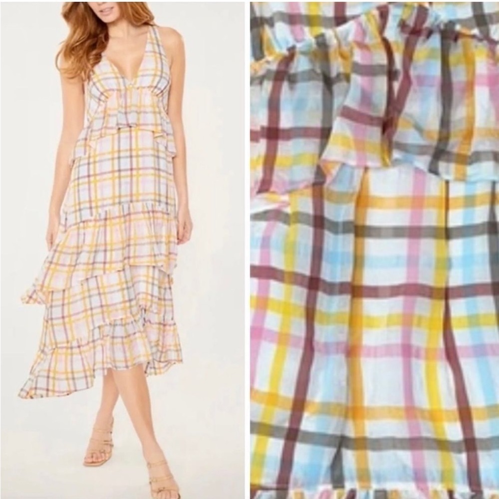 Cinq a Sept Astor Tartan Plaid Tiered Halter A-Line Maxi Dress Preppy White 2